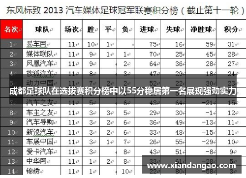 成都足球队在选拔赛积分榜中以55分稳居第一名展现强劲实力
