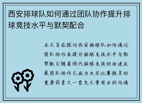 西安排球队如何通过团队协作提升排球竞技水平与默契配合